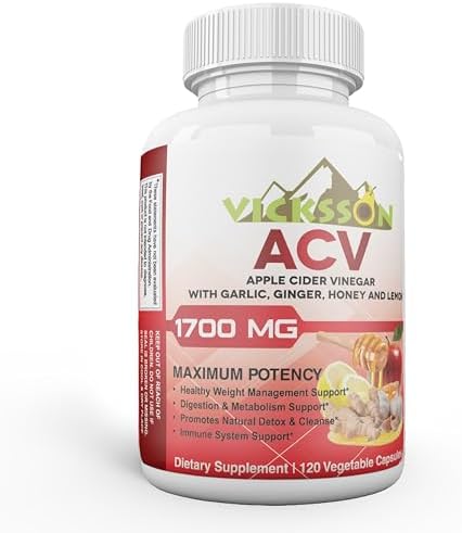 Vicksson Apple Cider Vinegar Pills 1700 mg of ACV with Garlic, Ginger, Lemon & Honey for Weight, Detox, Cleanse, Appetite, Bloating, Metabolism & Immune Support | 120 Capsules