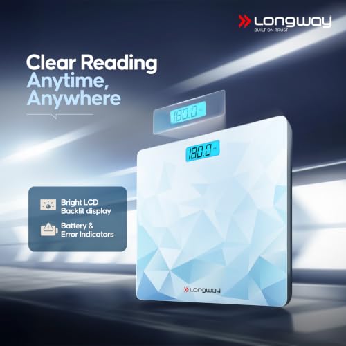 Image of Longway Weight Machine for Home | Digital Bathroom Scale for Human Body Weight Measurement | Extra Thick Tempered Glass with LCD Display | 3 Years Warranty (Blue | Max Weight 180Kgs | Sapphire)