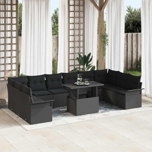 Frdhee Muebles de salón de exterior, sofá de jardín con cojín, 11 unidades, polirratán, color negro, para patios traseros, piscinas, terrazas