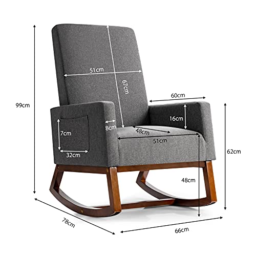 Giantx Upholstered Rocking Chair, Modern Fabric Armchair W/Wood Base, Side Pocket, Linen Padded Seat, High Back Accent Glider Rocker Chair, Mid-Century Leisure Chair For Nursery, Living Room (Gray) #TOP4