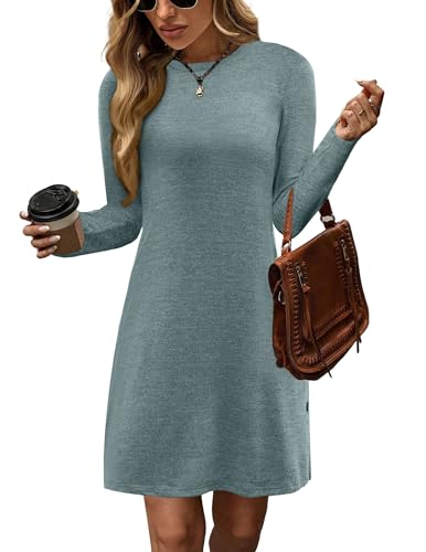 Zeagoo Vestido de Punto Invierno Mujer Elegante Casual Otoño Vestido de Manga Larga con Cuello Redondo Verde Oscuro L