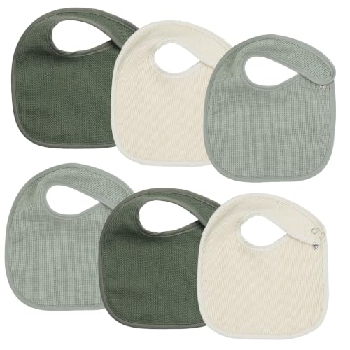 Trois Kilos Sept – Lot de 6 Bavoirs Bébé Naissance Nid d’Abeille, Vert et Crème, Fermeture Pression, Doux et Absorbants, Dès la Naissance - 18x21cm