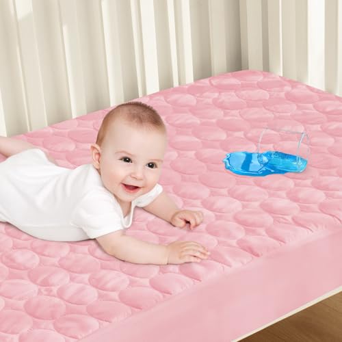 Image of Biloban Crib Mattress Protector Pad Waterproof, Toddler Waterproof Crib Mattress Cover, Machine Washable & Dryer Fit Baby Toddler Bed Mattress Protector (Standard Size 52” x 28”), Pink