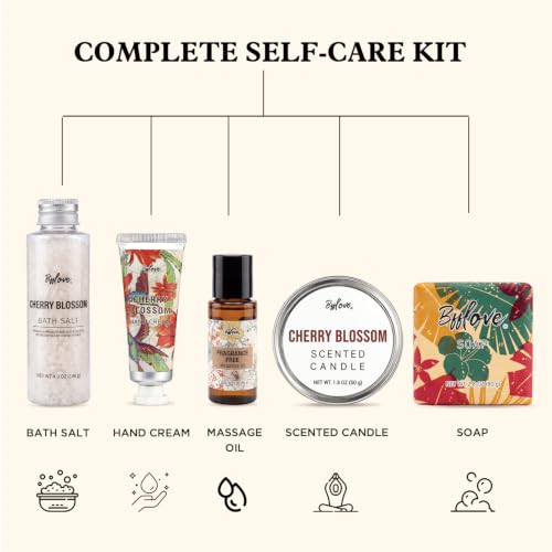 Image of BFFLOVE Gift Set for Women 5pcs Cherry Blossom Spa Set, Birthday Presents for Her with Massage Oil, Scented Candle, Bath Salts, Hand Cream, Mothers' Day Gifts for Her