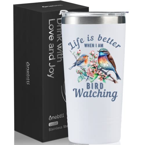 Onebttl Bird Watching Gifts - 20oz Stainless Steel Insulated Tumbler with Lid & Straw, Gift Card & Box Included for Birthday - White