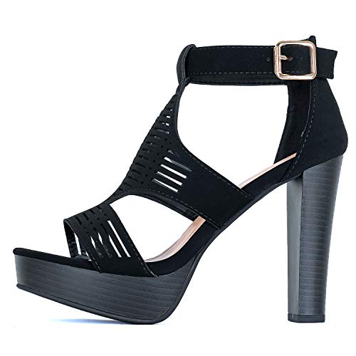 Guilty Shoes - Womens Cutout Gladiator Ankle Strap Platform High Block Heel Stiletto Heeled Sandals (5 B(M) US, Blackv8 Pu)