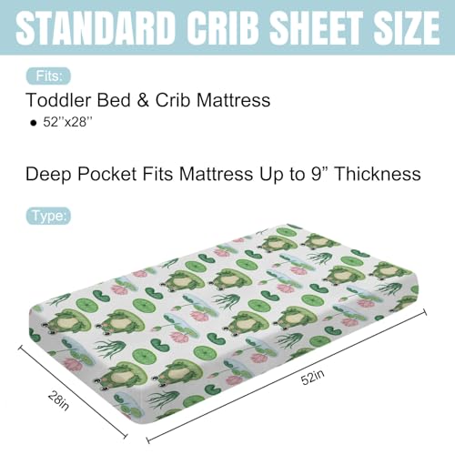 Image of Funny Frogs Flower Leaves Pond Baby Crib Sheets 52''x28'' Water Lilies Lake Stretchy Fitted Crib Mattress Covers for Boy Girl Animal Soft Nursery Bed Sheets for Standard Crib and Toddler Mattresses