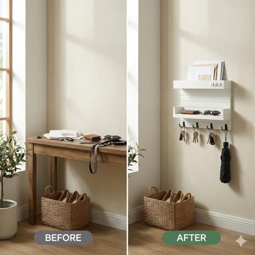 Image of Key Holder for Wall with Mail Shelf & 4 Hooks | Engineered Wood (White, 36D x 23W x 10H Centimeters)