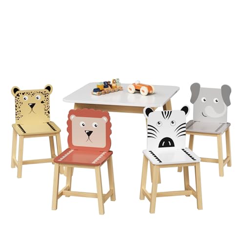 Image of Wood Table & Chairs 5 Pieces Set, Boys Girls Activity Table w / 4 Animal Shaped Chairs, Solid Wood Legs, Safe Rounded Corners, Playroom Furniture for Boys & Girls Activity Dining Drawing Craft.