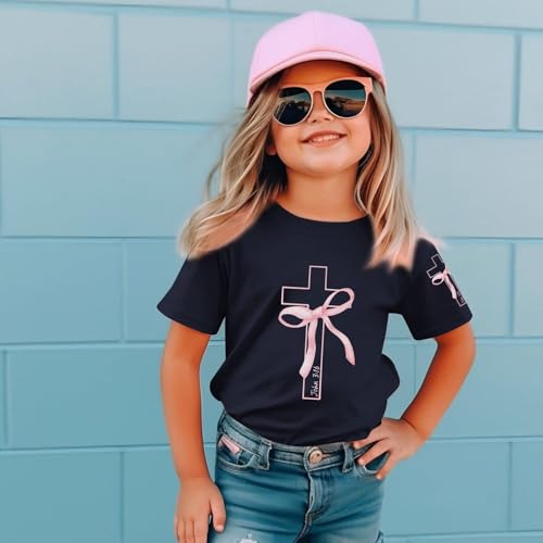 Image of Girls Cute Christian Shirts Kids Pink Bow Shirt Jesus God Faith Tshirts Aesthetic Cross Bible Verse Graphic Tee Tops