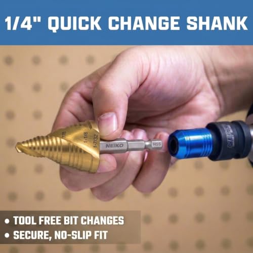 Image of NEIKO 10637A Step Drill Bit, 3 Steps 7 /8 inch to 1-7 /32 inch Spiral High Speed Steel, Titanium Nitride Coated, 1 /4 inch Quick Change Step Bits for Steel, Metal, Wood, Plastic, Unibit Cone Drill Bits, Two Flute