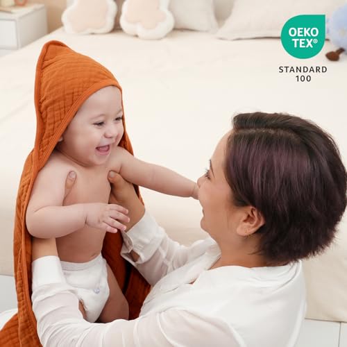 Image of david's kids 2 Pack Hooded Baby Towels, 100% Muslin Cotton 6-Layer Ultra Soft Breathable Absorbent Baby Bath Towels for Infant and Toddler, Newborn Essentials, Large 32x32Inch, Beige & Brown