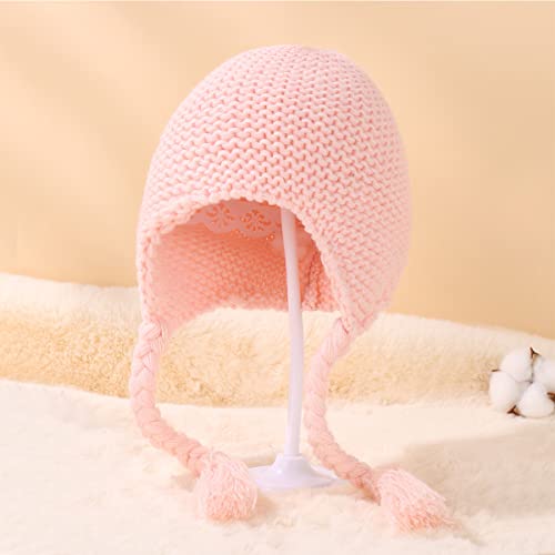 Baby Girls Knit Hats Winter Baby Beanie Hat With Warm Ear Flap And Cute Braids Running Caps (Pink) #TOP2