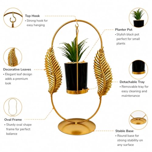 Image of Luxury Golden Metal Hanging Planter Stand with Decorative Leaf Design & Black Pot | Modern Tabletop Plant Holder for Home Decor, Living Room, Office & Balcony