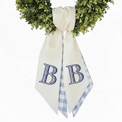 Monogram Wreath Sash, Custom Sashes for Wreaths with Embroidered Initial, Monogrammed Ribbon for Front Door, Easter Christmas Spring Summer Home Decor (Monogram DK06)