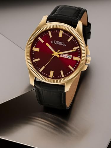Image of French Connection Sunray Maroon Round Dial with Black Leather Strap Watch for Mens - FCN0121BL