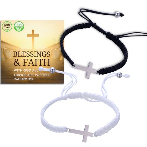 Halukakah Lot de 2 Bracelets Croix de Amitié pour Enfants - Bracelets Ajustable en Corde Tressée Noir&Blanc - Bracelets Assortis pour Garçons,Filles,Meilleurs Amis -Bracelets Porte-bonheur Kabbale BFF