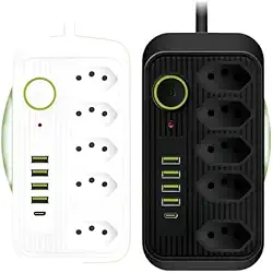 Extensão Filtro de Linha 5 Tomadas Bivolt com 4 USB + 1 USB Tipo-C, 2500W, 10A, Régua de Energia Premium (Preto)