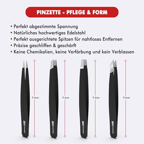 SK STAHLWAREN Pinzetten-Set 4-teilig – Professionelle Profi Präzisionspinzetten aus hochwertigem Edelstahl – Spitzpinzette für eingewachsene Haare, Barthaare, Wimpern & Augenbrauen – inkl. Etui