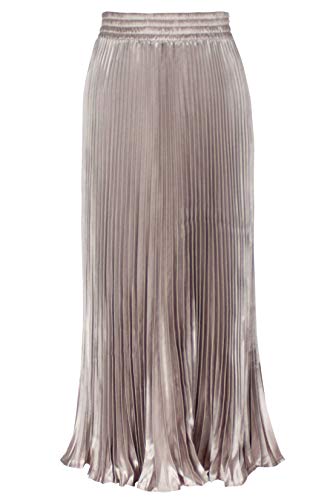 ebossy Women's Boho Satin Metallic Pleated Accordion Skirts Elastic High Waist Flowy A Line Shirring Maxi Long Skirt (One Size, Nude)