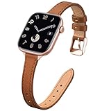 STIROLL Slim Leather Bands Compatible with Apple Watch Band 38mm 40mm 41mm 42mm(Series 11 10), Top Grain Leather Watch Thin Wristband for iWatch SE 9 8 7 6 5 4 3 2 1 (Brown Rose Gold)