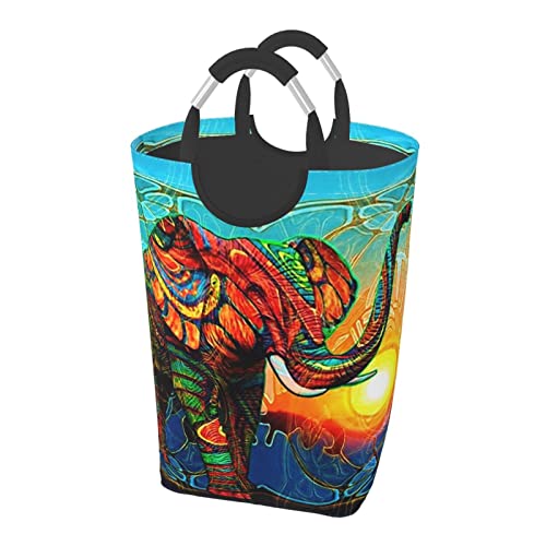 カラフル ゾウ ランドリーバスケット 洗濯ボックス 収納バッグ 大容量 折り畳み式 持ち運び 撥水 ハンドル付き 軽量 省スペース おしゃれ 適した ホテル ユーティリティルーム トイレ キッチン(50l 32*28*57.5cm)