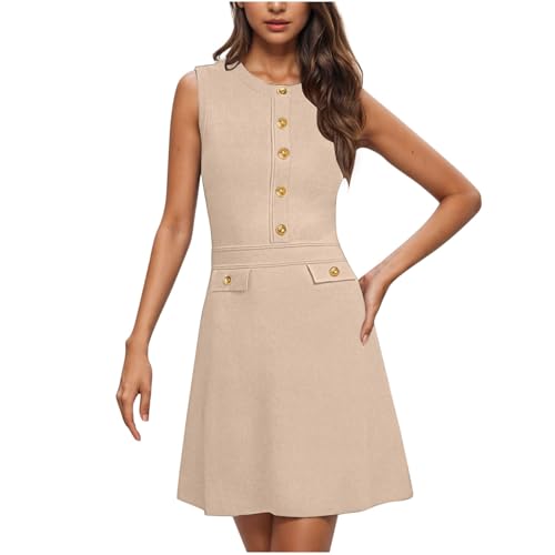 Work Dress for Womens Solid Color Round Neck Sleeveless Decorate Button Dresses Oneself Relaxed Fit Sundress