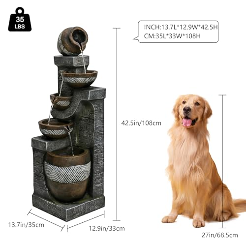 Image of Naturefalls 42.5 inch Tall Outdoor Water Fountain and Waterfalls - Large Garden Fountain with LED Lights, 5-Tier Cascading, Indoor and Outdoor Fountains for Garden, Patio, Deck, Porch, Backyard and Home