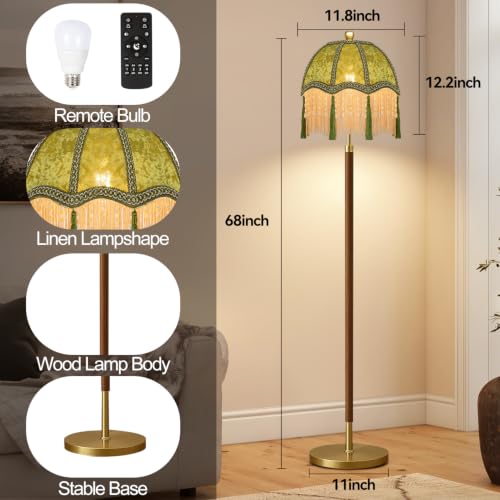 Image of Wood Floor Lamps for Living Room Vintage Floor Lamp with Remote Control & 3 Color Temperature,Dimmable Floor Lamp Mid Century Modern Standing Lamp Green Fringe Tall Floor Lamp for Bedroom Corner