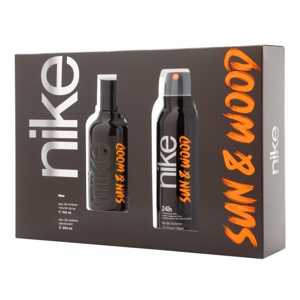 NIKE - Sun & Wood, Estuche de Regalo Hombre, Colonia 100 ml + Desodorante 200 ml, Eau de Toilette Natural y Masculina, Aroma Amaderado Frutal Ambarado, Fragancia Fresca y Duradera