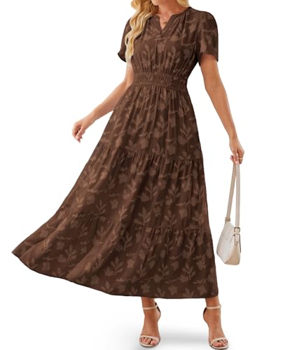 Image of Women's Maxi Dresses Boho Burnout V Neck Short Puff Sleeve Smocked Empire Waist Long Wedding Guest Semi Formal Dress Pockets