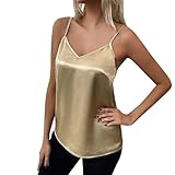 ZTFYKLIN Camiseta Negra Mujer Elegante Sin Mangas De Satén Con Cuello En V Y Tirantes Ajustables Para Mujer, Chaleco Sexy V. (Gold, M) Ropa Verano Lencera Top Rojo Jersey Dorado Pareo Corto