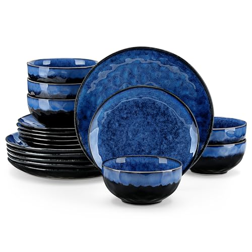 vancasso Dinner Set for 6, Starry Blue Dinner Sets, Reactive Glaze Dinnerware Tableware, 18-Piece Dinner Service with 10.5in Dinner Plate, 8.5in Dessert Plate and 640ml Bowl.