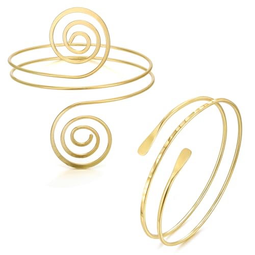 BOMAIL 2Pcs Gold Arm Cuff Bracelets Set for Women Open Adjustable Upper Arm Bangles Coil Swirl Armlet Armband Set Minimalist Upper Arm Cuff Jewelry for Women