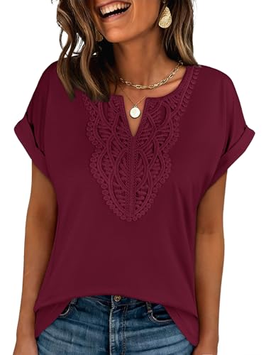 ANRABESS Womens Short Sleeve Tops Boho V Neck Lace Shirts Dressy Casual Blouses Summer Cute Tunic 2026 Trendy Fashion Clothes Burgundy X-Large
