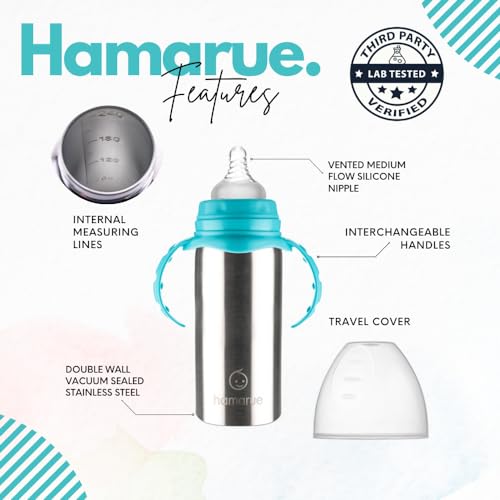 Hamarue 3-in-1 Stainless Steel Sippy Cups for Toddlers | Non-Toxic Insulated Stainless Steel Baby Bottle | Straw Cup with Removeable Handles | Plastic Free Liquid Transfer (Teal, 6 oz)