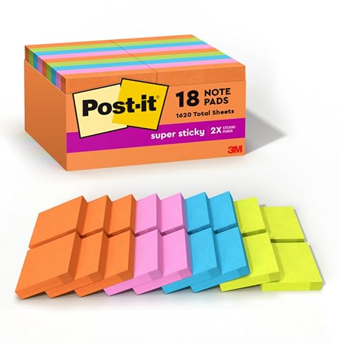 Post-it Notas súper adhesivas, 1 7/8 pulgadas. x 1 7/8 pulgadas, colección Energy Boost, 18 blocs por paquete, 90 hojas/bloc