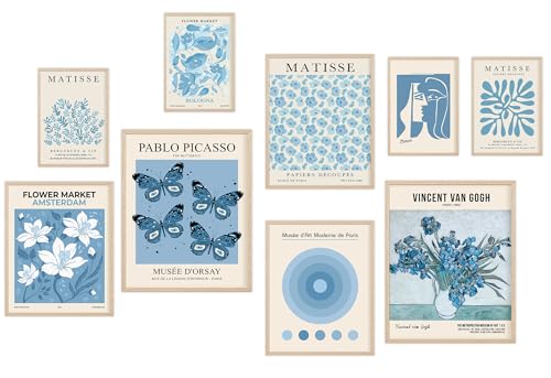 Blue Wall Art Poster Prints,Set of 9 Matisse Wall Decor for Dorm Bedroom,Trendy Aesthetic Pictures for Teens Boys Girls, Maximalism Posters Wall Decorations