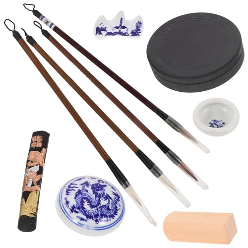 ifundom Juego de Pinceles para Caligrafía Piedra de Tinta China, 11 Piezas, Materiales Madera y Cerámica, Incluye Paño para Práctica, Adecuado para Estudiantes y Principiantes en Dibujo