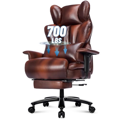 700lbs Big and Tall Office Chair with Footrest&Adjustable Lumbar Pillow,Large Heavy Duty Executive Office Chair-Wide Seat,Ergonomic High Back Computer Chairs for Heavy People,Dual Rubber Wheels,Brown