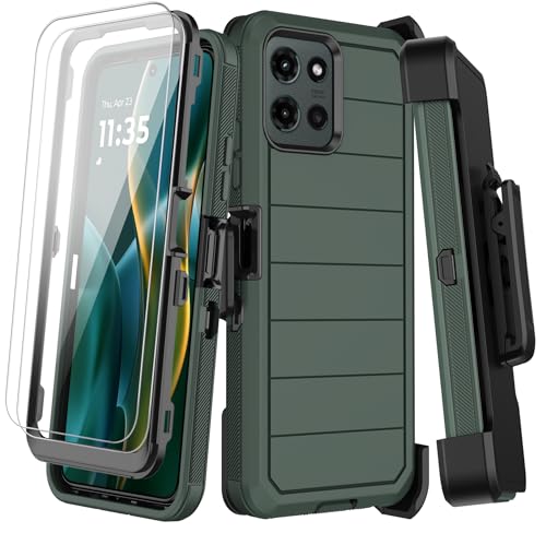 KECAI for Motorola Moto G 5G 2025 Case with Belt Clip Holster, 2X Screen Protector, Heavy Duty Shockproof Drop Protection Military Grade Rugged Full Body Phone Cover with Kickstand (Dark Green)