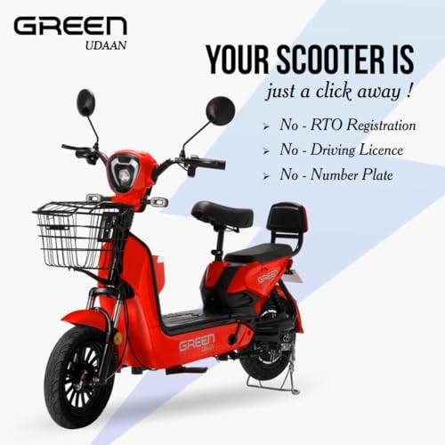 Image of Green Udaan Low Speed Electric Scooter Non RTO 80KM Range Lithium Battery Red with Portable Charger