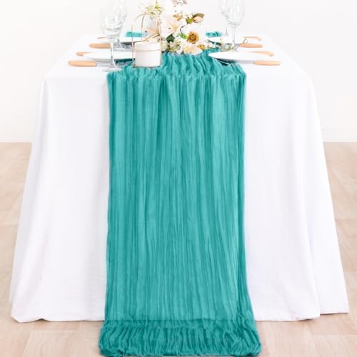 Image of MLMC Teal Table Runner 10ft Rustic Summer Cheesecloth Table Runner Gauze Cheese Cloth Centerpiece Decororations 35x120 Inches for Wedding Baby Shower Outdoor Picninc Decor