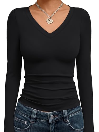 Trendy Queen Long Sleeve Shirts for Women 2025 Fall Fashion V Neck Basics Crop Tops Slim Fitted Y2K Tops Outfits Clothes