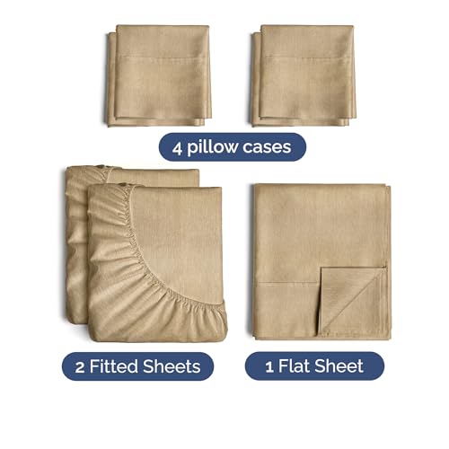 Image of Split King 7 Piece Bed Sheet Set - Breathable & Cooling - Heathered Tan | Ultra-Soft Hotel Luxury Bedding Set w / 8-16 Inch Deep Pockets, 1 Flat & 2 Fitted Sheet & 4 Pillowcases, Wrinkle & Fade Free