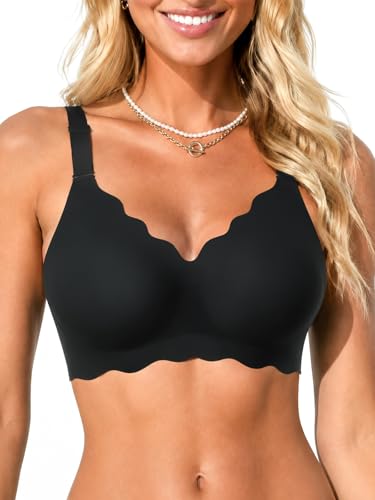 COCOMARTS Jelly Bras for Women No Underwire Scalloped Push Up Wireless Bralettes Seamless Soft Comfort Everyday Tshirt Bra Black Medium