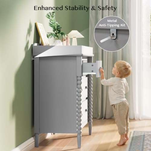 Image of JOINICE Grey Nursery Dresser with Changing Table, 4 Drawers for Storage | Jenny Lind Spindle Style Dresser and Removable Baby Changing Station Combo for Kids Bedroom, Anti-Tip Kit for Safety