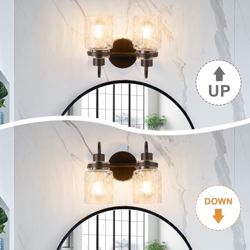 Image of 2 Lights Hammered Glass Bathroom Vanity Light, Oil Rubbed Bronze