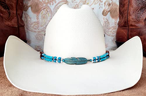 Handmade Western Cowboy Hat Band With Turquoise Speckle Beads And Turquoise Patina Copper Feather #TOP7