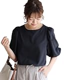 [ピエロ] ボリューム パフスリーブ ブラウス Aラインシルエット 後ろリボン ストライプ 体型カバー レディース M ブラック